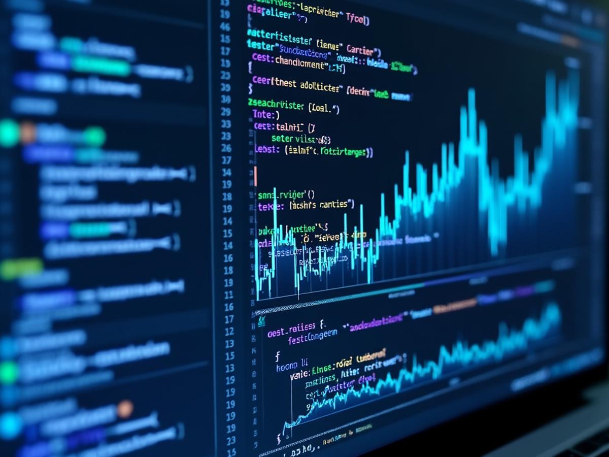 Data analysis and visualization tools integrated with code. Clean graphs, clear data, modern design, focus on analysis.
