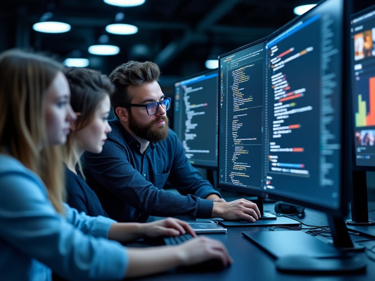 Multiple developers collaborating on code in real-time, AI assistant providing feedback. Clean interface, collaborative environment, modern design.