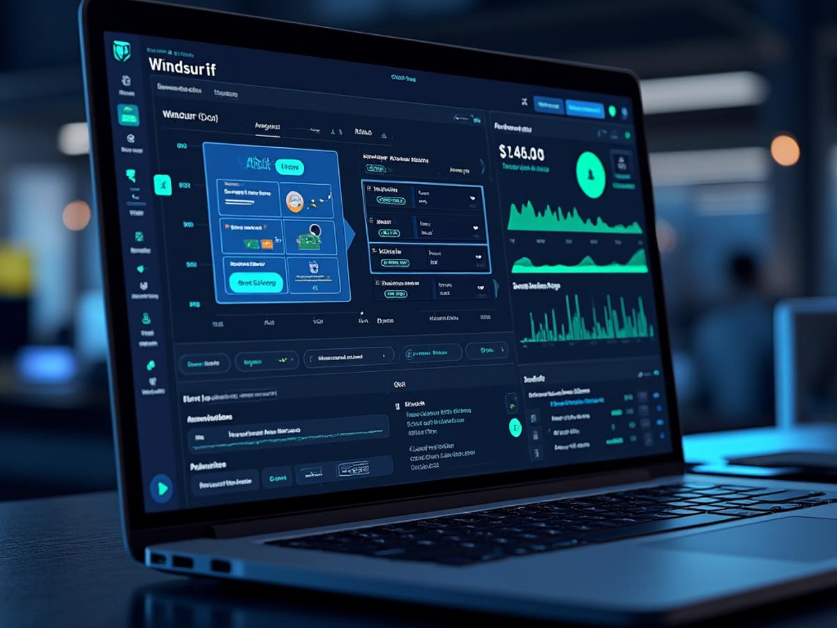 Popular IDE interface with Windsurf AI integration, seamless workflow. Clean, professional design, focus on integration, modern look.