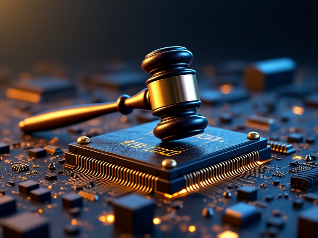Digital illustration: A gavel striking down on a circuit board, symbolizing the ban. Dramatic lighting, tech aesthetic.