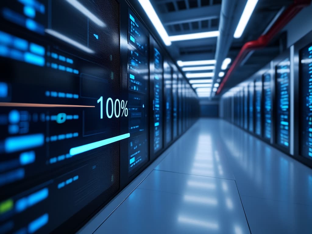 Website being deployed to a server. Progress bar at 100%. Clean, modern server room environment.