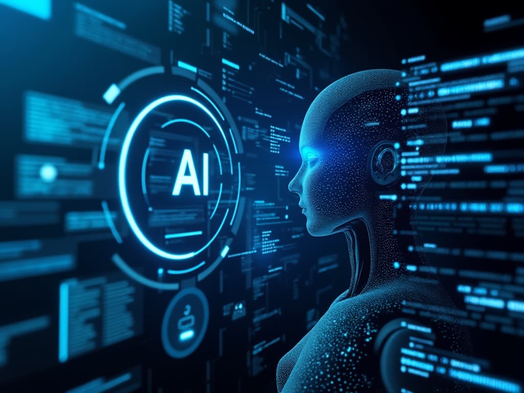 Futuristic interface showing AI managing complex code structures. Holographic display, abstract code visualization, clean design.