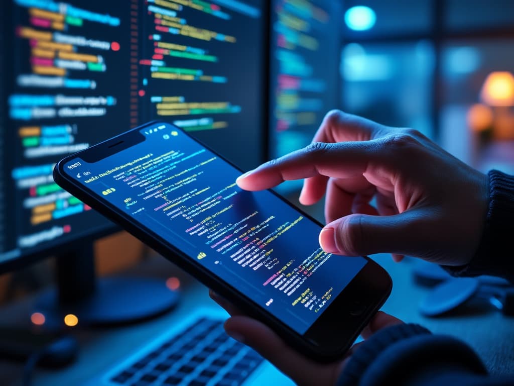 AI coding assisting in app development, mobile app interface design, code generation, collaborative coding, modern office setting.