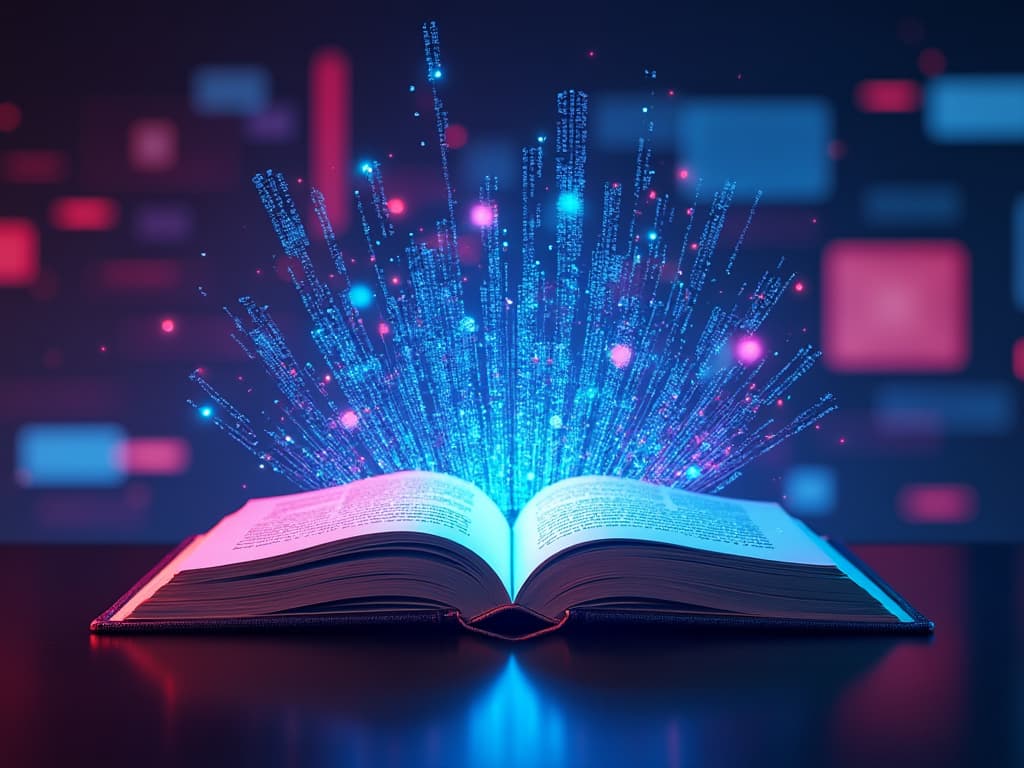 Open book with AI-generated text flowing from its pages, symbolizing the benefits of uncensored AI, bright colors.
