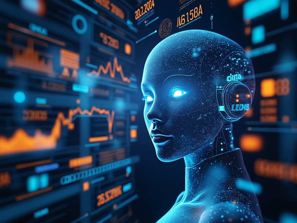 An AI agent seamlessly interacting with various data sources, adapting to new information. Futuristic interface, dynamic data flow.