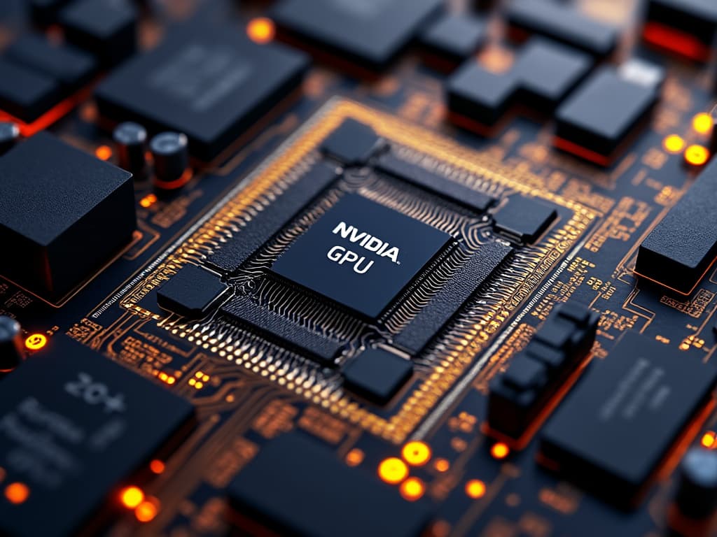 Detailed silicon die shot of an NVIDIA GPU, showcasing intricate architecture. High resolution, macro lens, clean studio lighting.