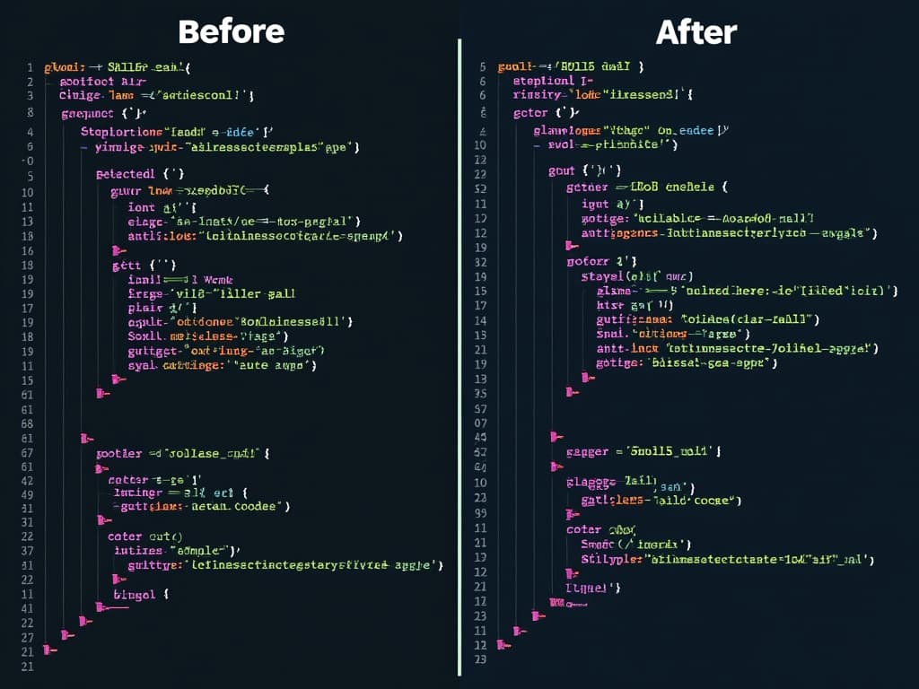 Before and after code snippets, showing automated refactoring. Clean, readable code, clear visual comparison, modern design.