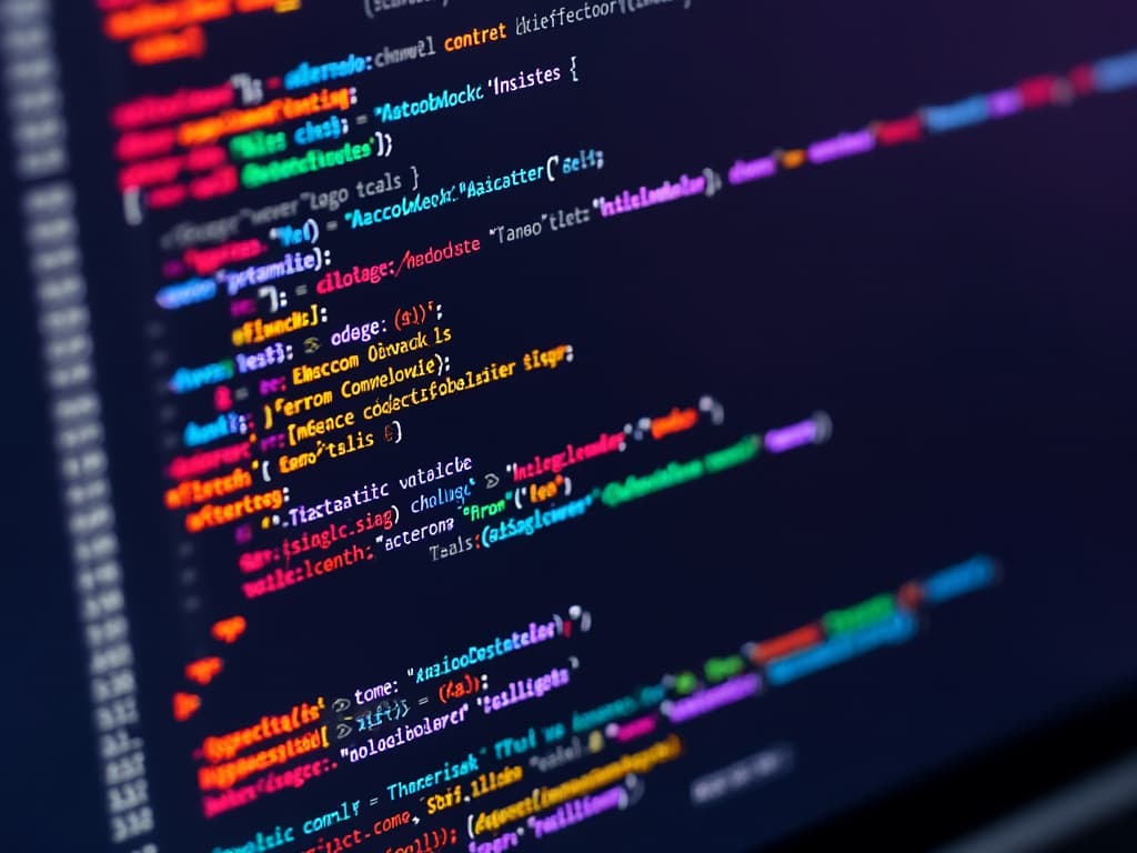 Code editor with AI suggestions popping up, highlighting relevant code completions. User-friendly interface, bright accents, focus on efficiency.