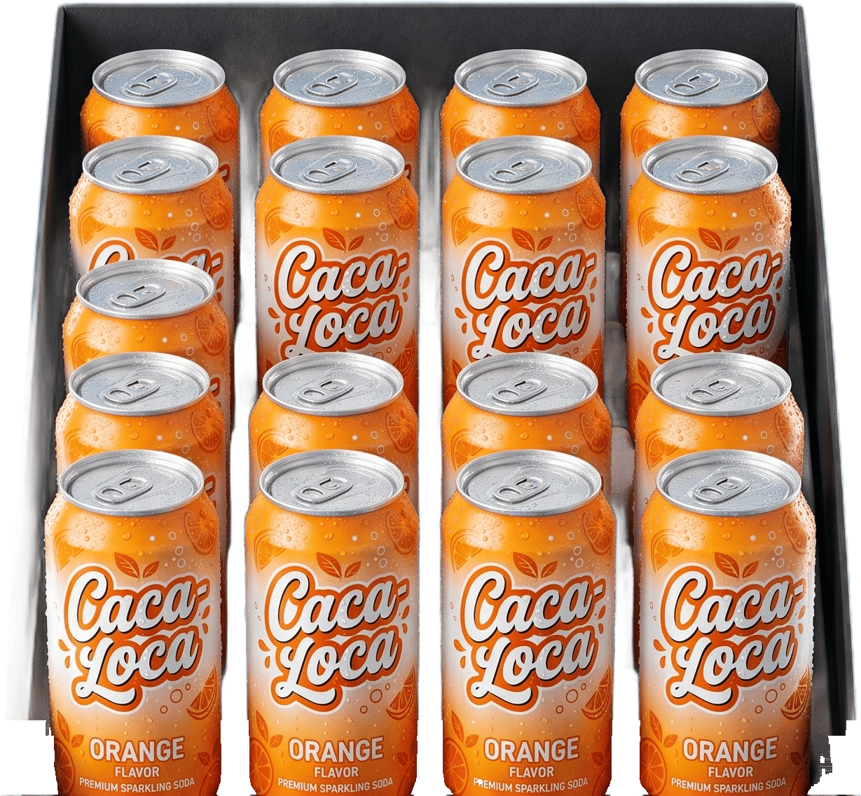 A case of Caca-Loca Orange cans in a tray.