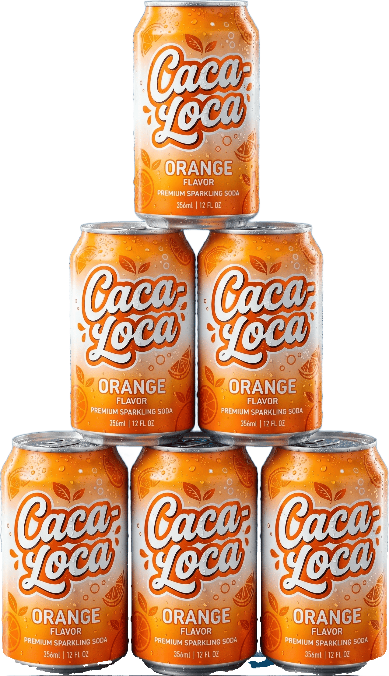 Six Caca-Loca Orange cans stacked in a pyramid.