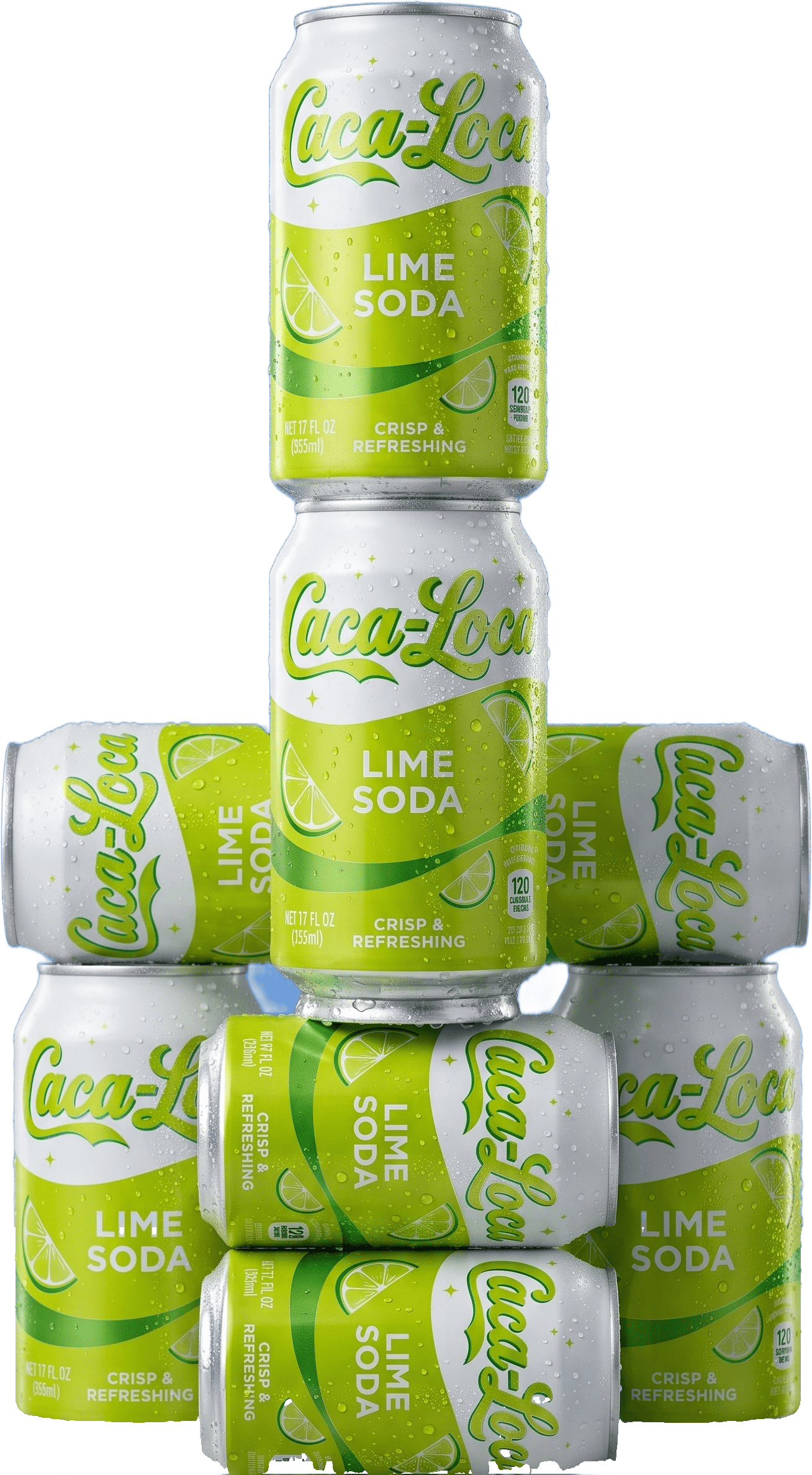 Six Caca-Loca Lime cans stacked together.