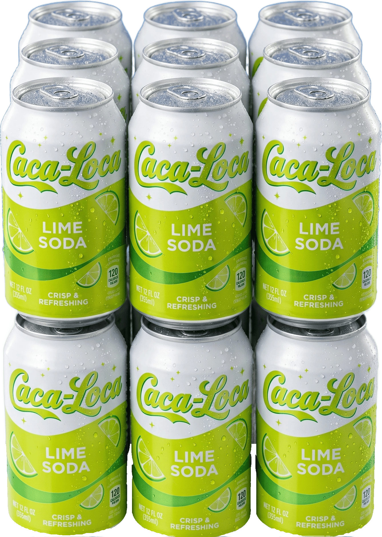 Twelve Caca-Loca Lime cans standing together.