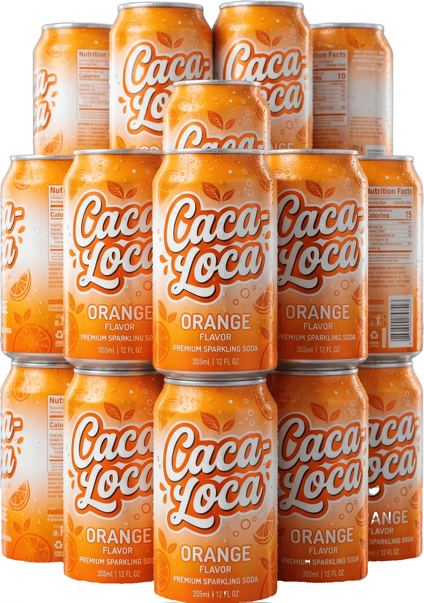 Twelve Caca-Loca Orange cans stacked together.