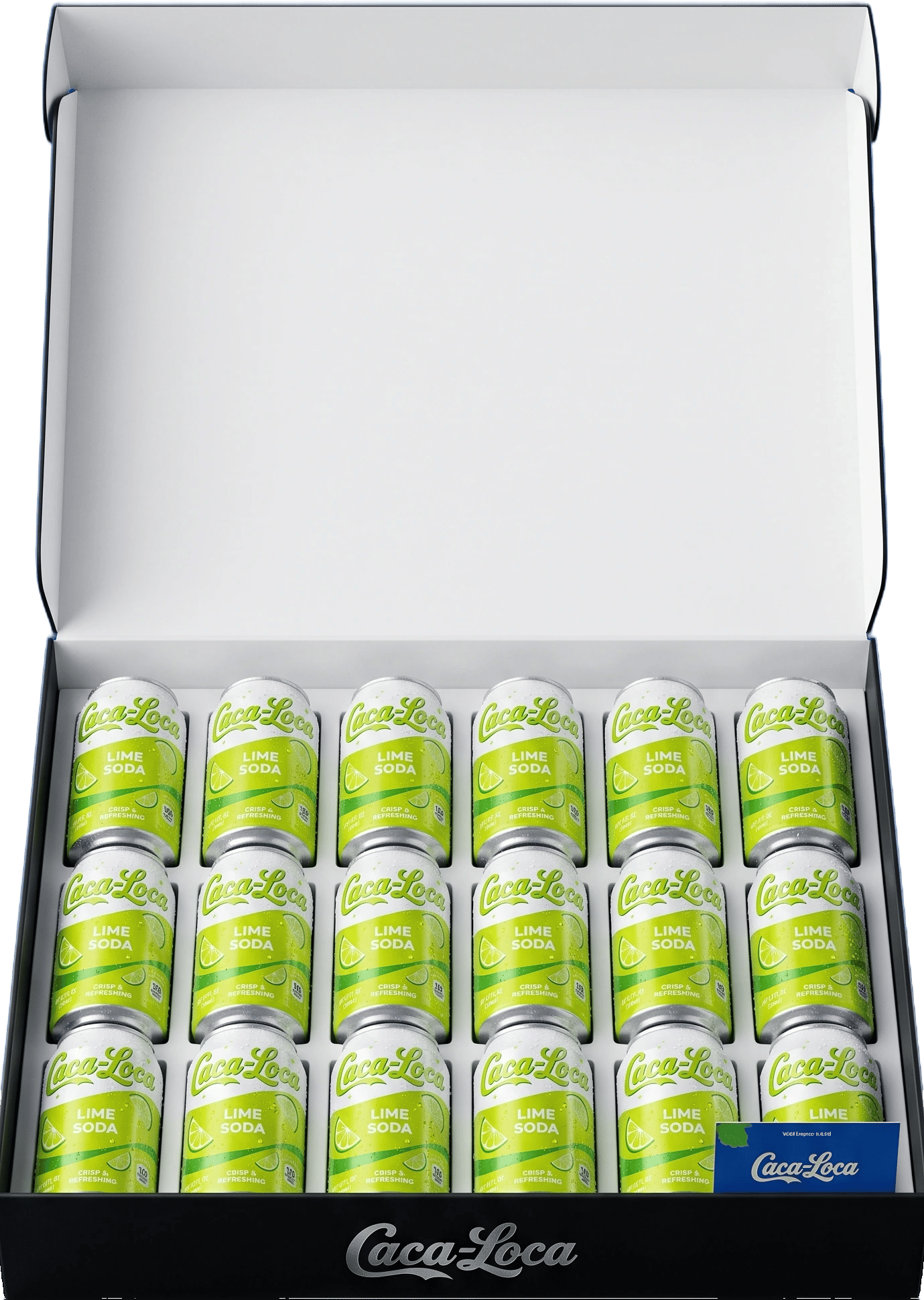 A case of twenty-four Caca-Loca Lime cans in an open box.