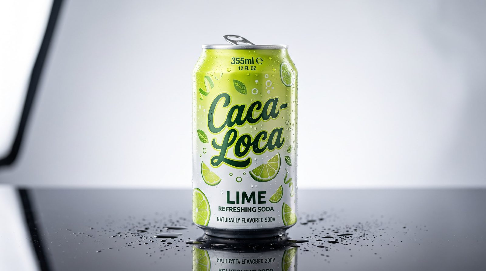 A Caca-Loca Lime can on a wet black counter against a bright white backdrop.