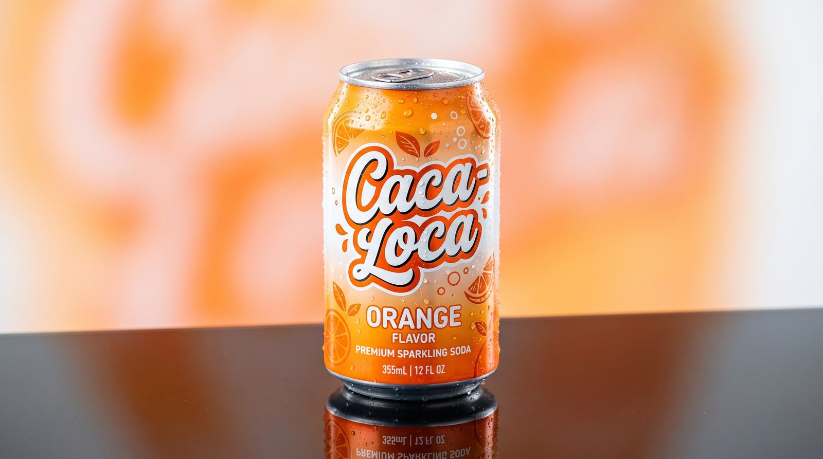 A Caca-Loca Orange can on a black glossy counter against a warm orange backdrop.