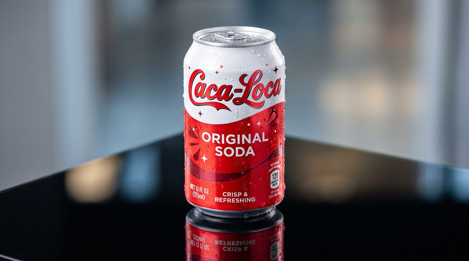 A Caca-Loca Original can on a black glossy counter, lit against a soft grey backdrop.