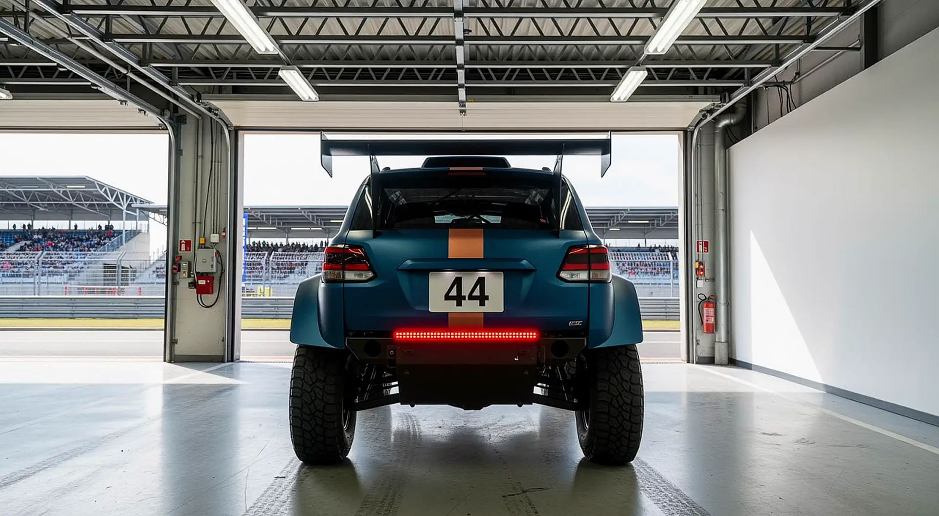 A matte teal rally raid SUV with a copper stripe and the number 44 stands in a race garage that opens onto a sunlit circuit. As you scroll, the camera walks around to its rear three-quarter.