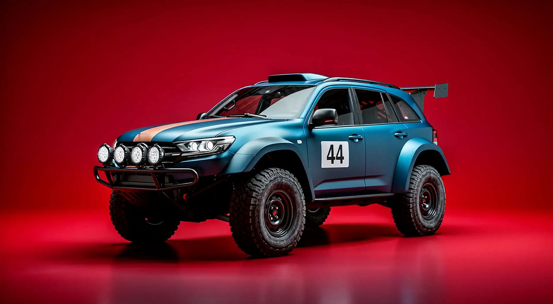 The same rally raid SUV under a bright top light on a deep red studio floor, seen from the front three-quarter. As you scroll, the camera walks along its side.
