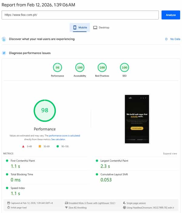 Google Lighthouse Mobile report showing Performance 98, Accessibility 100, Best Practices 100, SEO 100