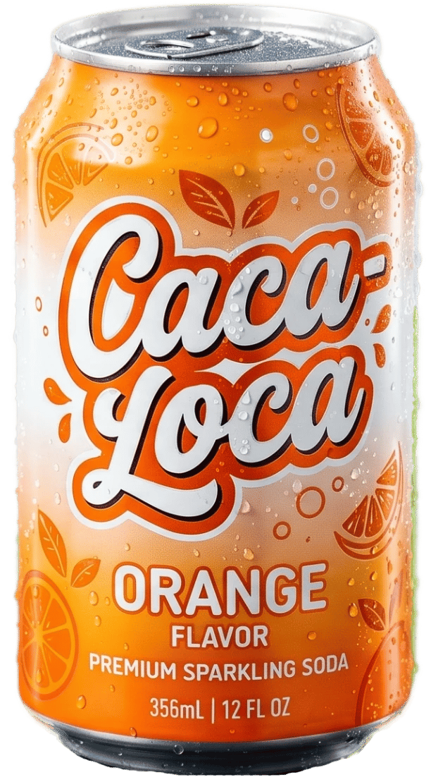 A chilled Caca-Loca Orange can, orange and white, beaded with condensation.